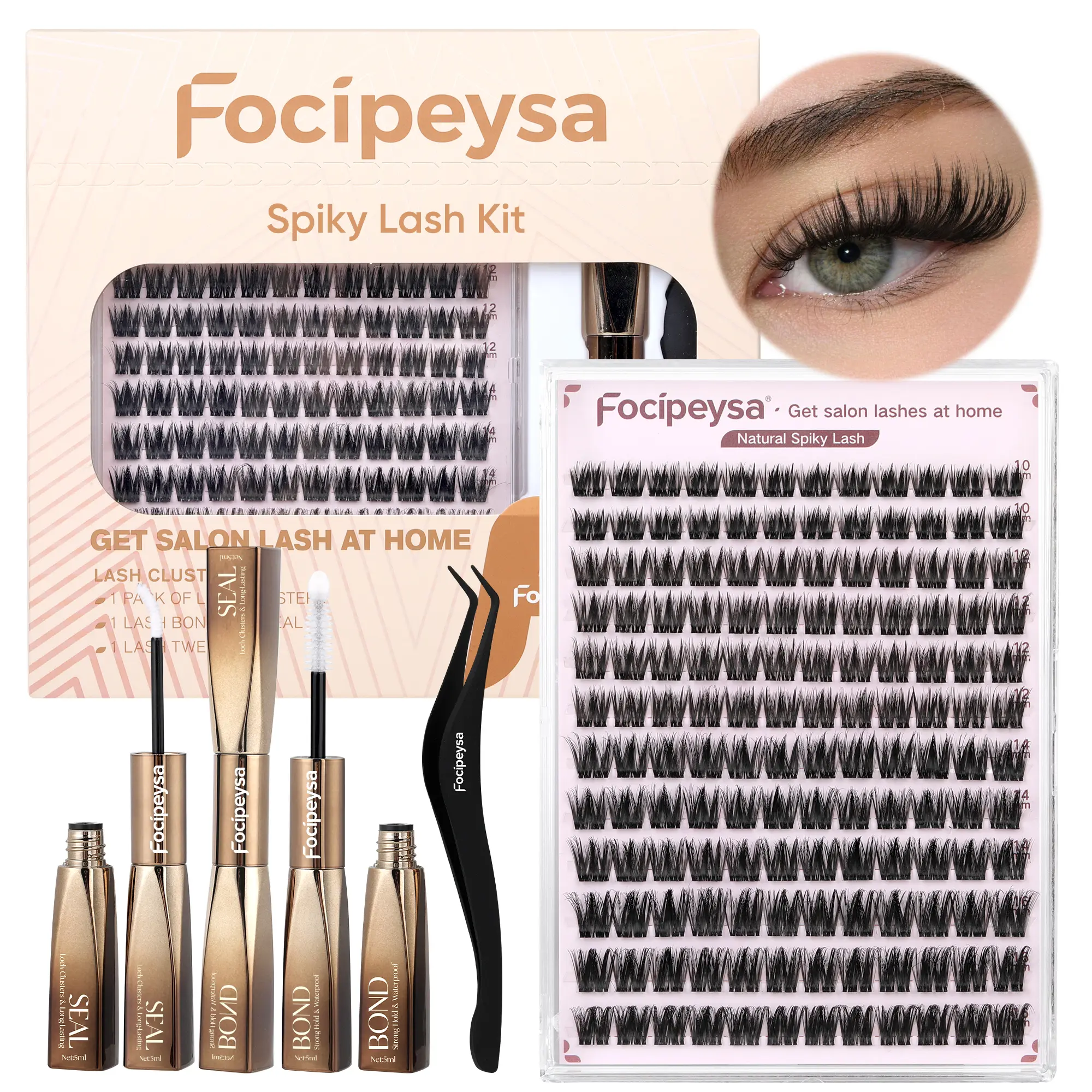 Focipeysa Natural Spiky Lash Clusters | Wispy Fluffy Eyelash Clusters | Lash Kit with Bond and Seal, Tweezers | Waterproof, Long-lasting, Lightweight,Beiginner-friendly | DIY Individual Lashes 12-16mm for Clean Girl Makeup