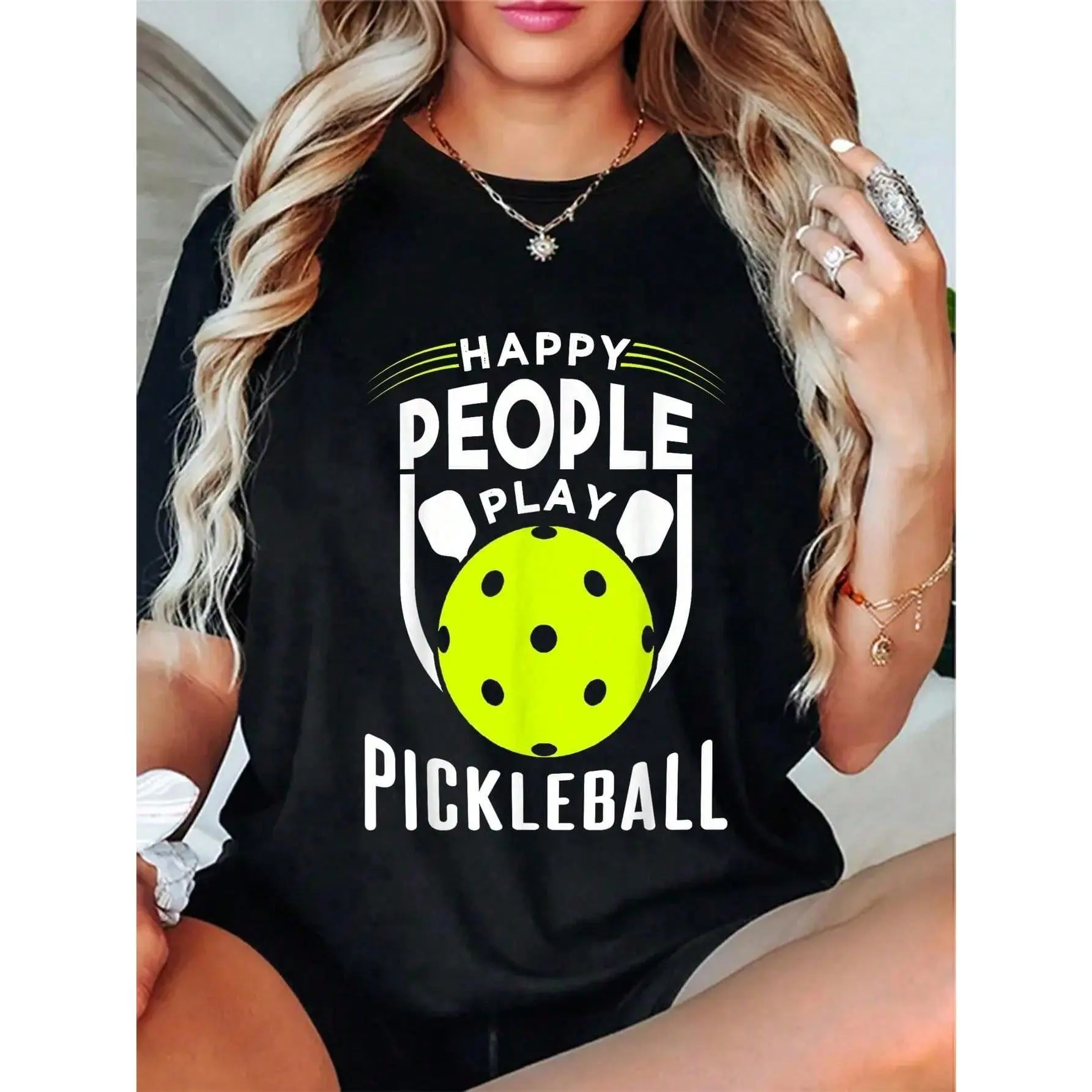 Casual Graphic T-Shirt for Women, Pickleball Slogan & Flower Print, Breathable Shortsleeve Knitted Cotton Fabric, Round Neck