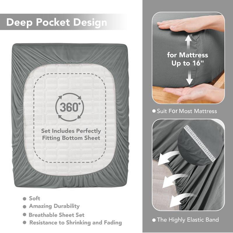 Deconovo Bedding Sets, Modern Bedding Sets, 1 Fitted Sheet, 1 Flat sheet & 2  Pillowcase cases, Soft Comfy Bedding Set, Bedroom Accessories