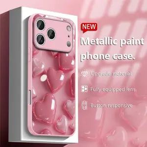 Pink Raised Heart Design Phone Case for Apple iPhone 11 12 13 14 15 16 Plus 17 Pro Max Glossy Glass Back Full Body Protection Cute Feminine Case with Metallic Paint Upgrade Material.HM118