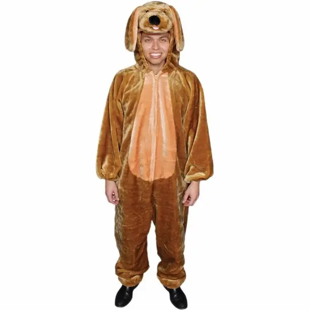 212 MAIN Men's Brown Soft Plush Polyester Flameproof Full-Length Jumpsuit Costume with Attached Head - Special Occasion Menswear, Size Medium (8-10)