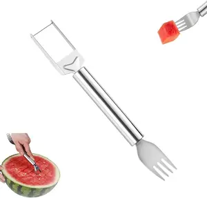 2-in-1 Stainless Steel Fruit Cutter, Watermelon Fork Slicer Tool, Dual Head Watermelon Slicer and Fork for Fruit Cubes, Kitchen Fruit Cutting Tool, 1 Pack