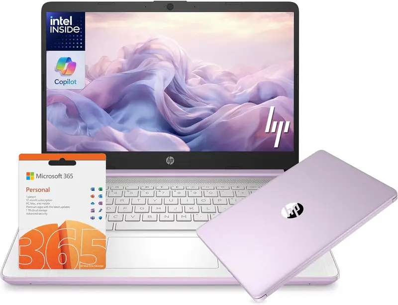 HP 14 Laptop Student Business 2026 Flagship Computer, AI Copilot, 4-Core 13th Gen Intel CPU, UP TO 16GB RAM 128GB UFS 1-Yr Office 365 Long Battery Win 11S Lavender