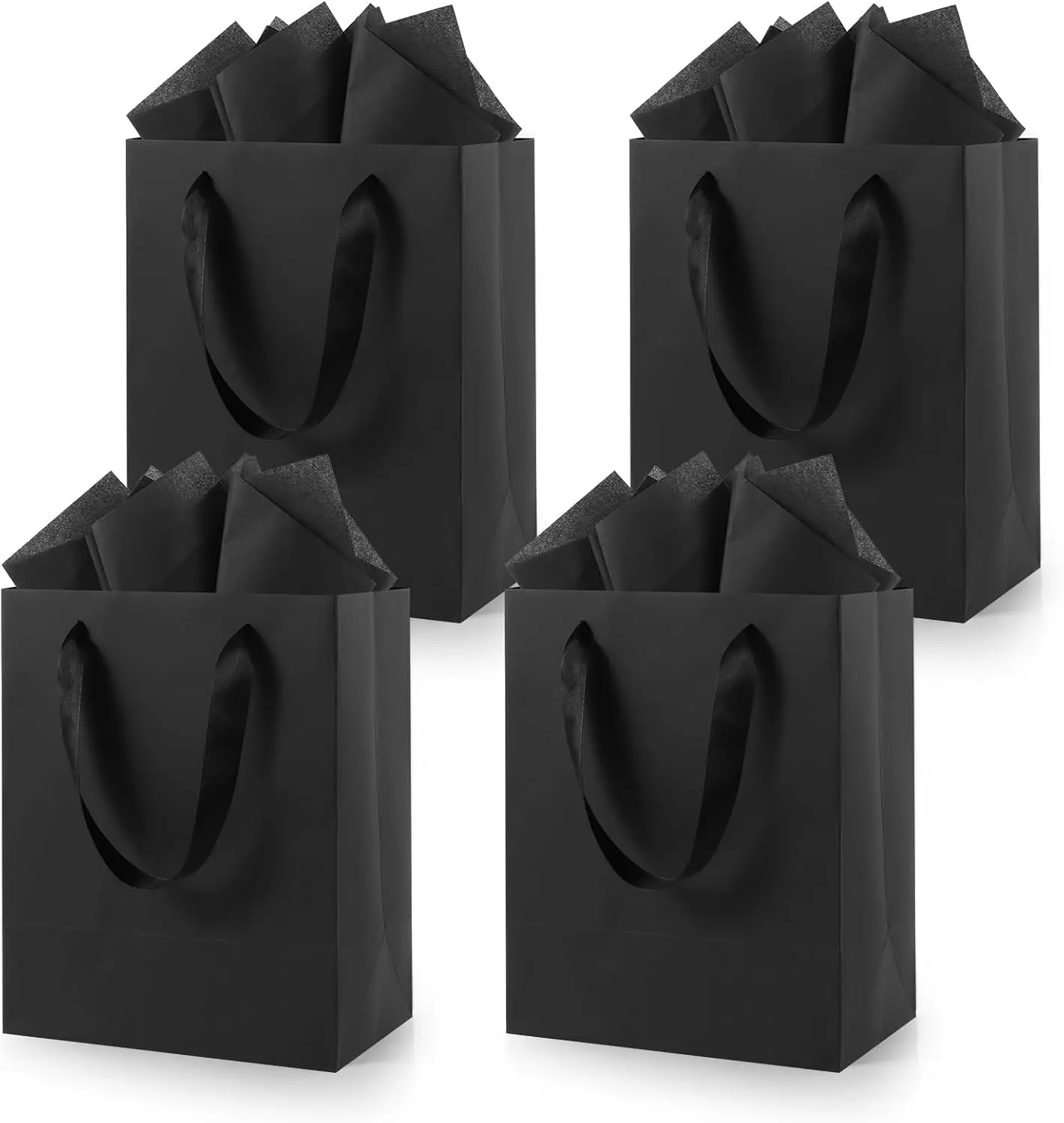 Black Small Disposable Paper Bags with Handles & Tissue Paper, 8x5x10 in 4-Pack Gifts & Wrapping Bags for Birthdays, Weddings, Holidays, Disposable Paper Bags Gifts & Wrapping