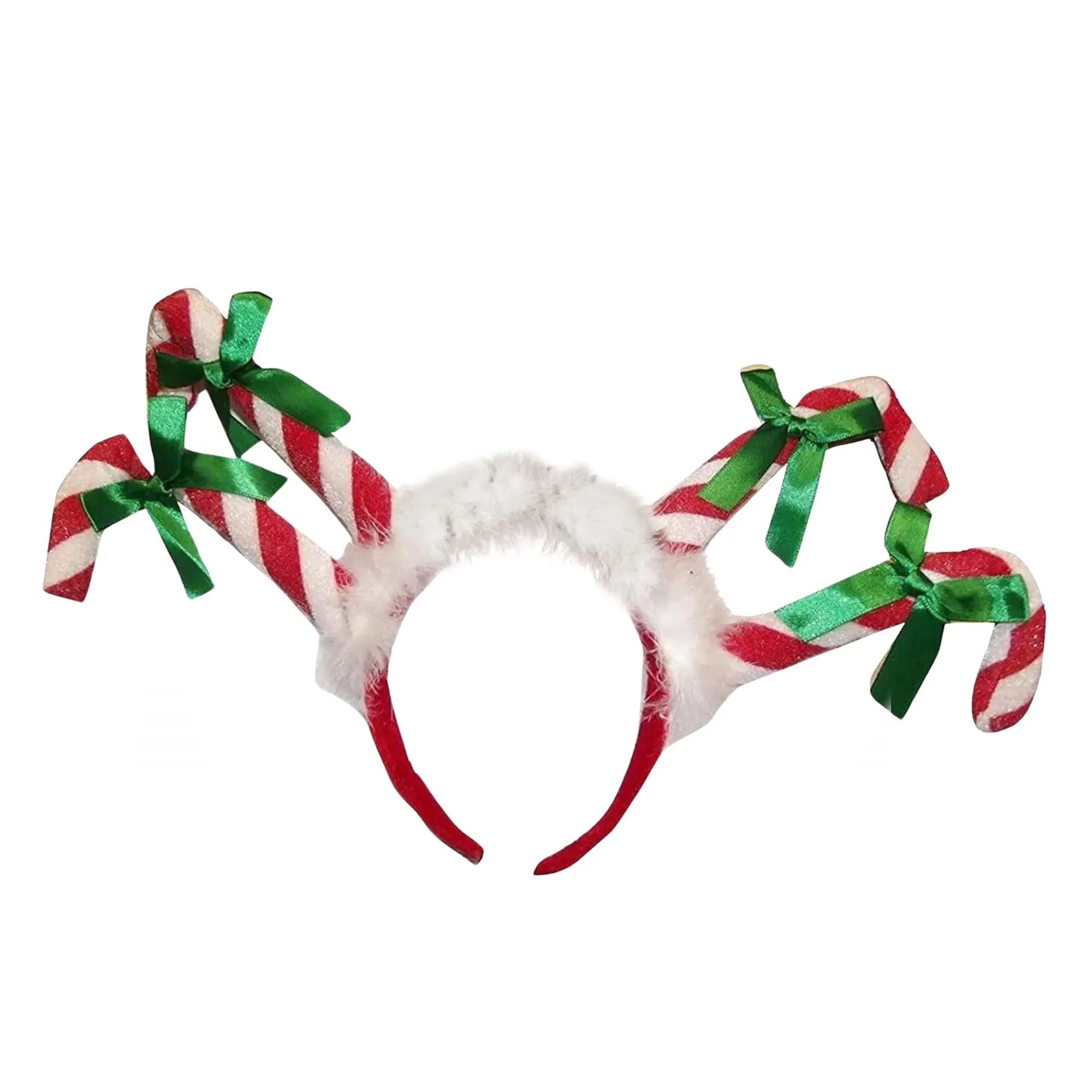 Men's Christmas Candy Cane Headband - One Size, Faux Fur Trim, Green Bows, for Holiday Fun, Suitable for All Members of the Family