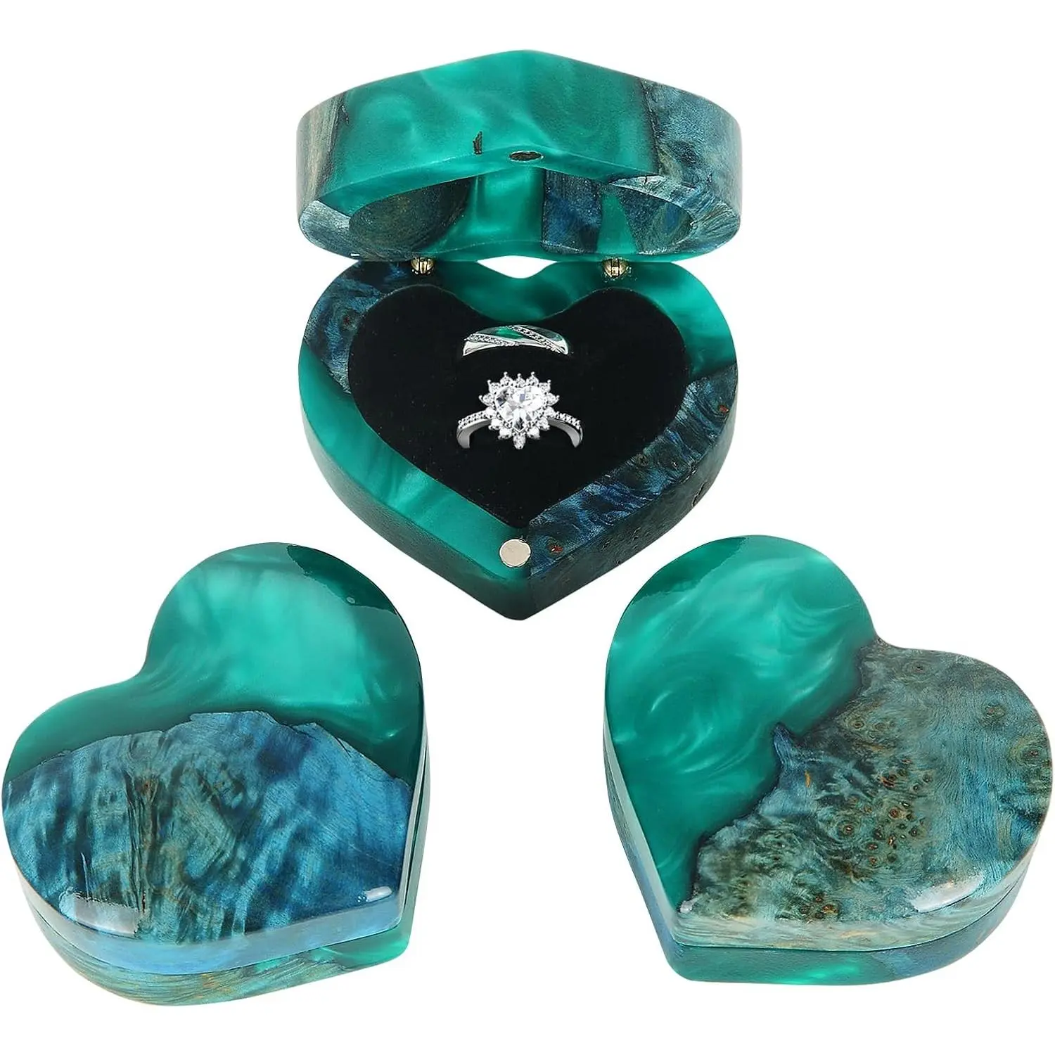 Heart Shaped Ring  Box, Personalized Wooden Ring Box,Engagement ring box, Double Slotted Ring Box, Wedding, Proposal, Birthday and Anniversary  Display Box (Green)