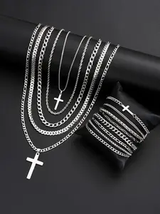 Men's Jewelry Set, 13-Piece Punk Style Cross Cuban Chain Necklace Bracelet Set, Casual All-Season Gift for Dad, Boyfriend, Friend
