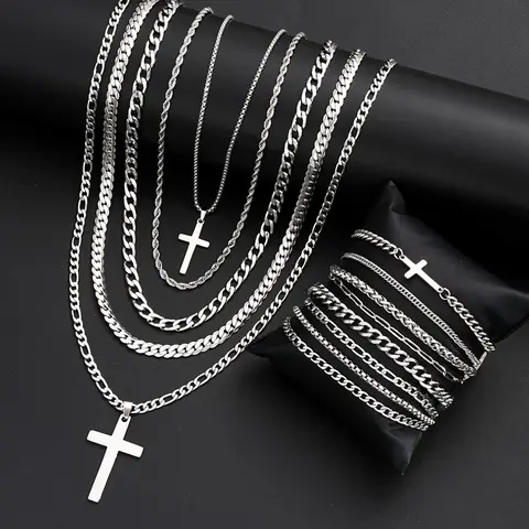 Men's Trendy Jewelry Set, 13-Piece Punk Style Cross Cuban Chain Necklace And Bracelet Set, Casual All-Season Gift for Dad, Boyfriend, Friend