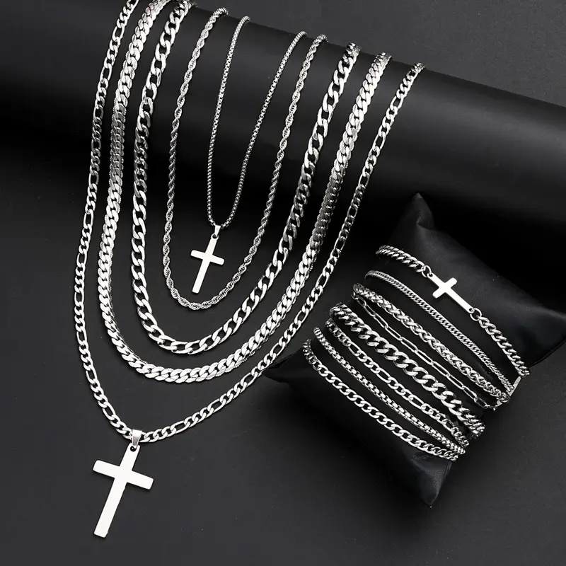 Men's Trendy Jewelry Set, 13-Piece Punk Style Cross Cuban Chain Necklace And Bracelet Set, Casual All-Season Gift for Dad, Boyfriend, Friend