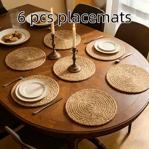 6pcs 30cm Round Woven Water Hyacinth Placemats, Natural Handmade Heat-Resistant Non-Slip Mats, Rustic Farmhouse Style Table Mats for Dining & Kitchen Decor, Coasters for Drinks