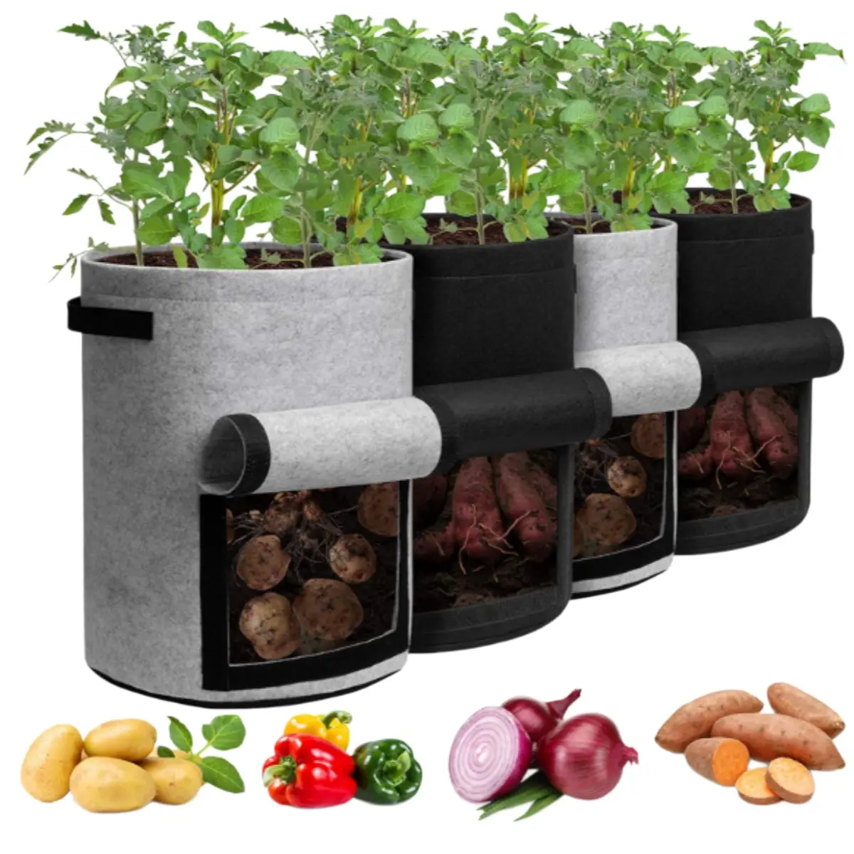 Potato Grow Bags with Flap 10 Gallon, 4 Pack Planter Pot with Handles and Harvest Window for Potato Tomato and Vegetables, Black and Gray