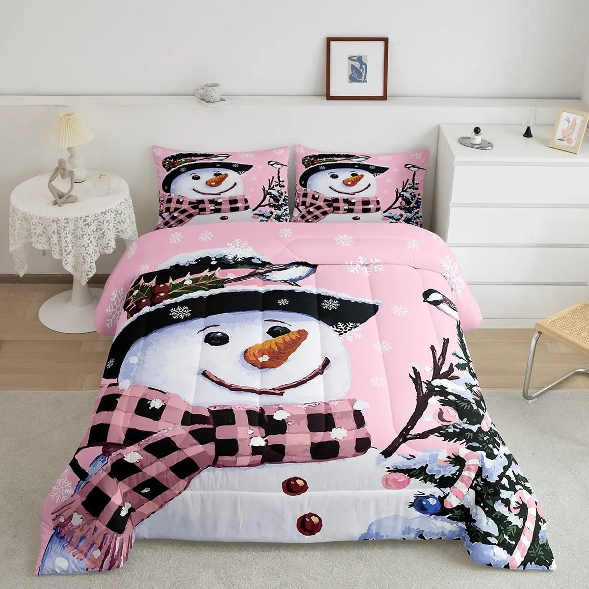 Toddler Kawaii Blush Pink Christmas Breathable Bedding Set - Twin,Full,Queen,King Sizes, Snowman Print Comforter Duvet, Snowflake Linens for Bedroom, Guest Room Decor, Bedroom Decor