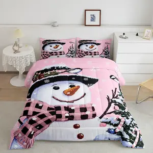 Christmas Theme Decorations Luxury Bedding Set,Xmas Snowman Bed Comforter Set,Snowflake Kawaii Cute Comforter Duvet,Pink Comfortable Bedding