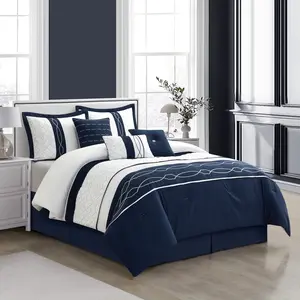 Penley 7-Piece Comforter Set, Navy/White, Geometric