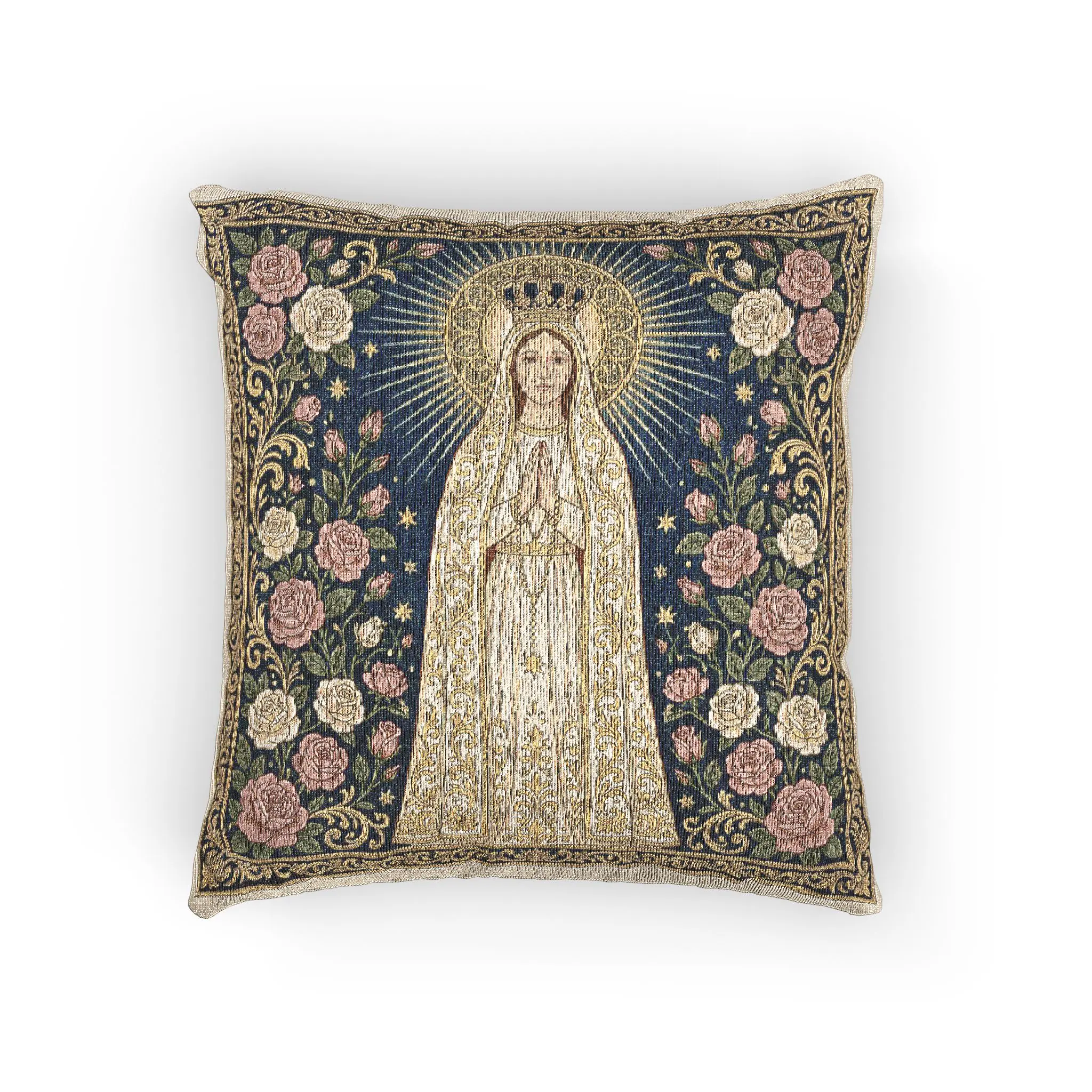 Our Lady of Fatima Woven Pillow | Catholic Throw Pillow, Rosary & Crowned Virgin Mary, Heirloom Faith Décor Gift