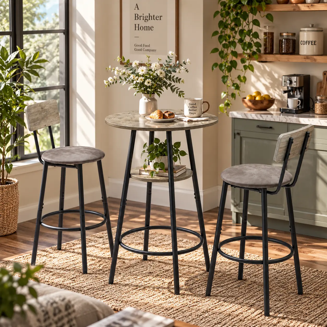 SAVEYOUR Grey Round Counter Height Bar Table Set with Storage Shelf, 2 Upholstered Backrest Bar Stools, 23.62'' W x 23.62'' D x 35.43'' H for Kitchen, Breakfast Nook