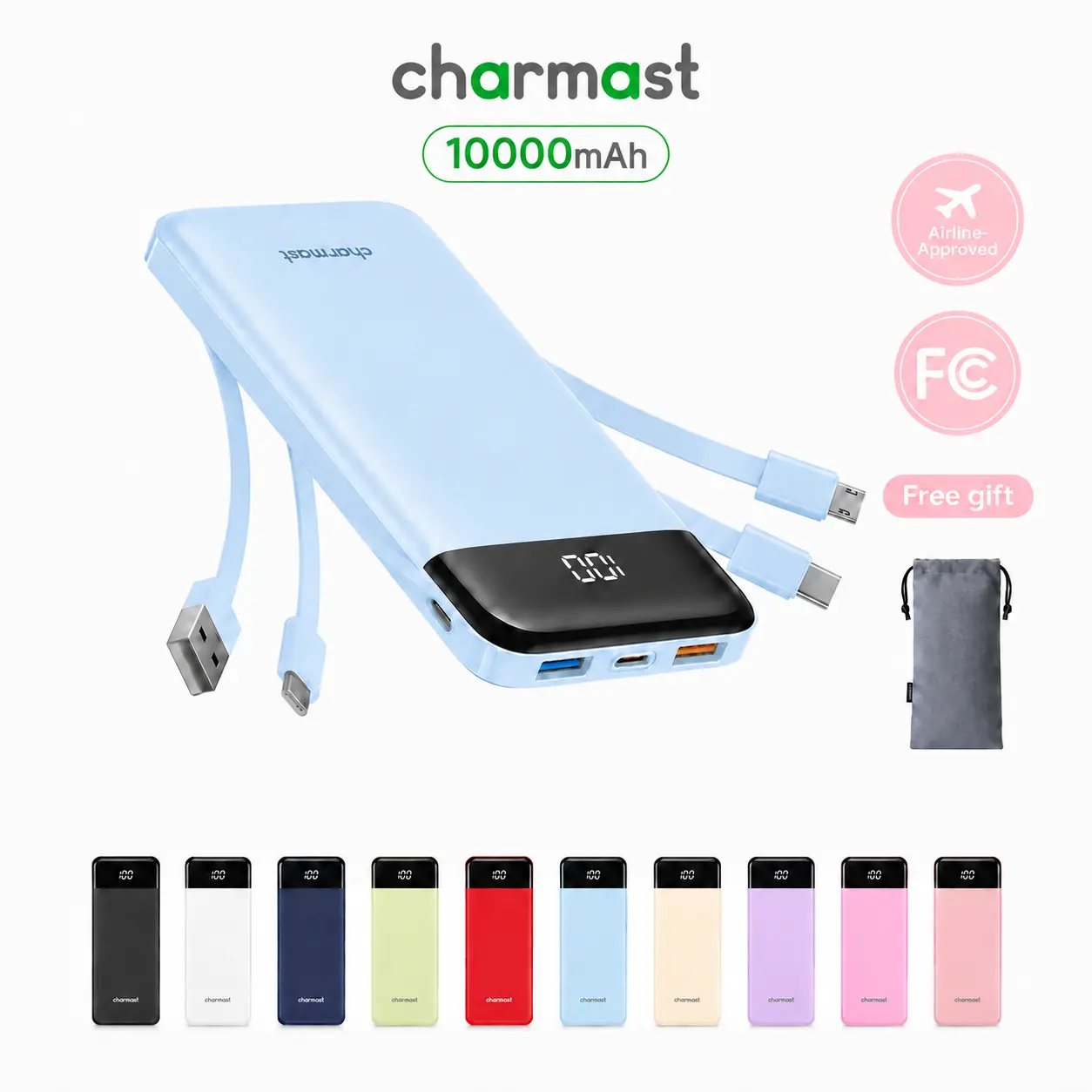 charmast 22.5W 10000mAh Fast Charging Portable Charger,Built-in 4 Cables,6 Outs 4 Ins,Flight-Safe Travel Essential,Quick Charge Power Bank for iPhone Samsung Google Pixel