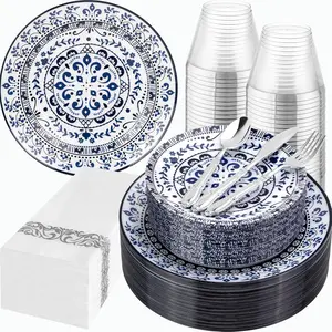 175PCS Blue - Floral Disposable Dinnerware Set for 25 Guests, Include 50 Dinner & Dessert, 75 Silver Cutlery, 25, 25 Cups Perfect for (Style)