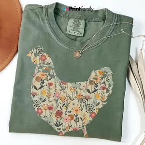 Comfort Colors Funny Chicken T-Shirt, Farm Tee for Women, Retro Floral Hen Shirt, Backyard Chicken Lover Gift, Farmhouse Country Top - Printfamily