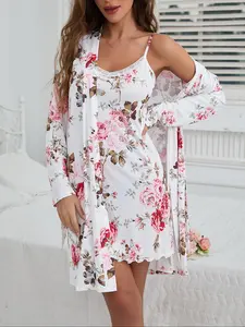 Women's Floral Print Belted  Robe & Cami Nightdress Two-piece Set, Casual Comfy Loungewear Set for Women, Ladies Sleepwear for All Seasons