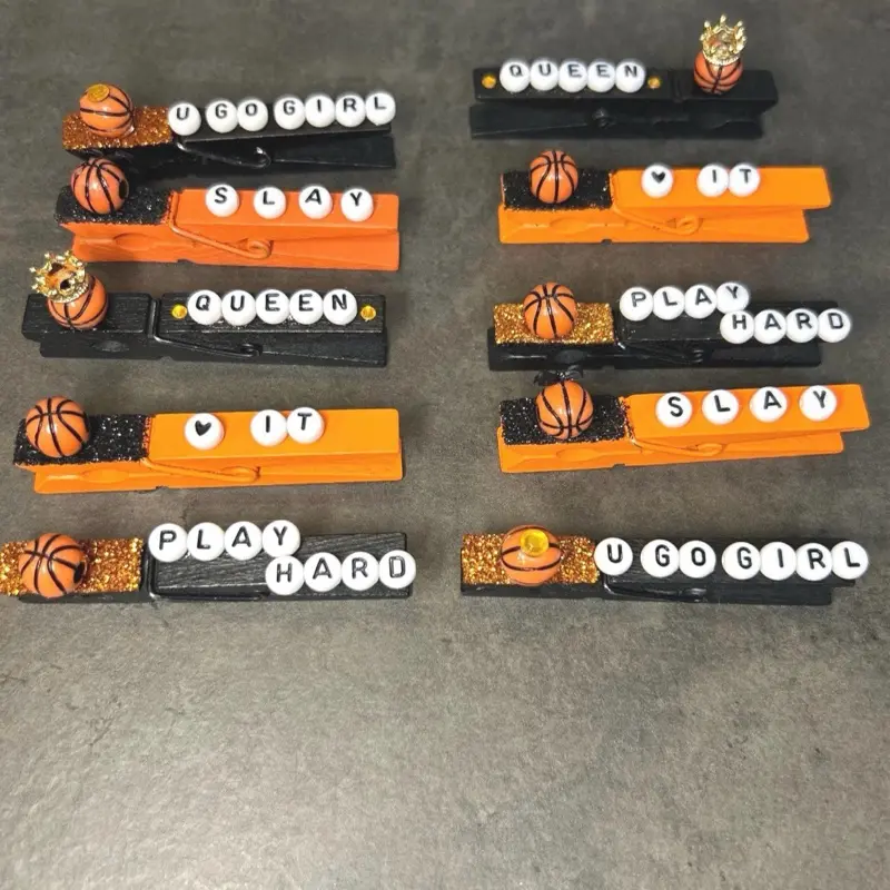Basketball sports clips &Spirit Pins - Handcrafted Wooden Clothespins with Glitter & Plastic Charms for Team Events - Set of 5 or 10 - Perfect for Games & Tournaments