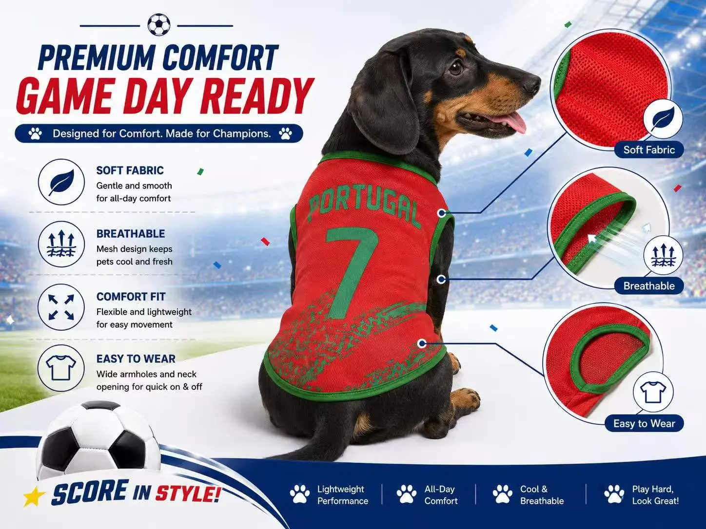 Pet Soccer Jersey Outfit - Cute Game Day Shirt for Small Medium Dogs & Cats Fashionable Clothing Pet Apparel