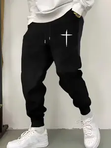 Men's "Minimalist Cross" Graphic Joggers - Distressed Cross Print, Tapered Fit, Perfect for Streetwear Aesthetic, Casual Daily Wear, Urban Style & Edgy Self-Expression, Faith Statement Sweatpants