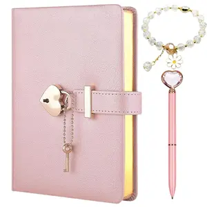Heart Shaped Lock Diary with Key, 1 Set PU Leather Cover Journal, Personal Organizers, Secret Notebook for Girls & Women, Travel Diary Notebook, Diary with Ballpoint Pen Bracelet
