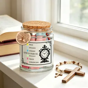 1 Set Spanish Emotional Bible Verse Jar with Color Coded Scripture Cards, Inspirational God’s Word Notes in Spanish for Different Moods, Christian Religious Gift, Vintage Clock Print & Tree of Life Charm, Cork Lid Glass Prayer Jar