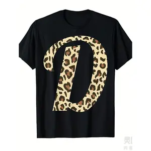 Men'S & Women'S Leopard Print Monogram T-Shirt - Initials D/T Lettering, Retro Short-Sleeve Round Neck Casual Shirt, Name/Initials Gift Suitable For All, Valentine'S Day Gifts, Machine Washable For All- Wear