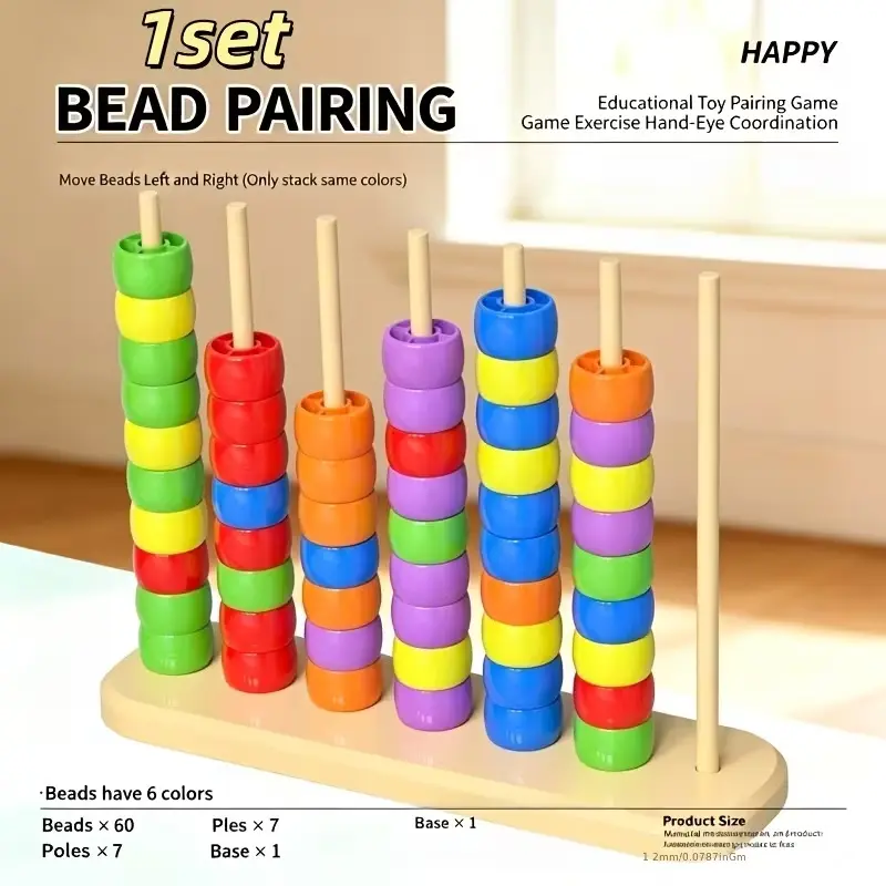 Montessori Interactive Bead Pairing Sorting Toy - 7-Pole Blocks, 60 Colorful Beads Stacking Counting Game Set Shape Sorters for 3-4 Years Boys/Girls, Fine Motor Skill Preschool Learning Gift