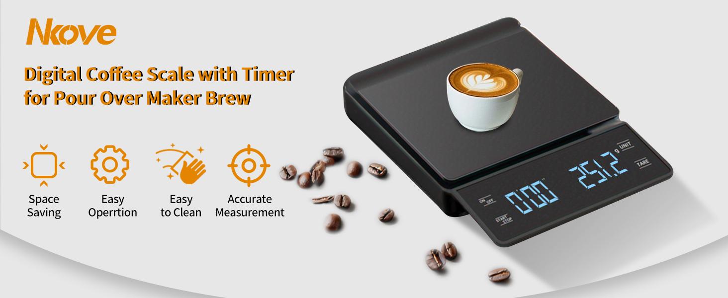 NKOVE Digital Coffee Scale with Timer 3kg/0.1g High Precision Espresso Scale Tare Function for Pour Over Maker Brew