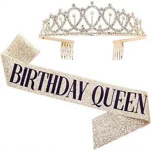 1Set Birthday Queen Satin Sash Rhinestone Crystal Tiara Crown for Women Girls 18 21 30 40 50th Birthday Party Decorations
