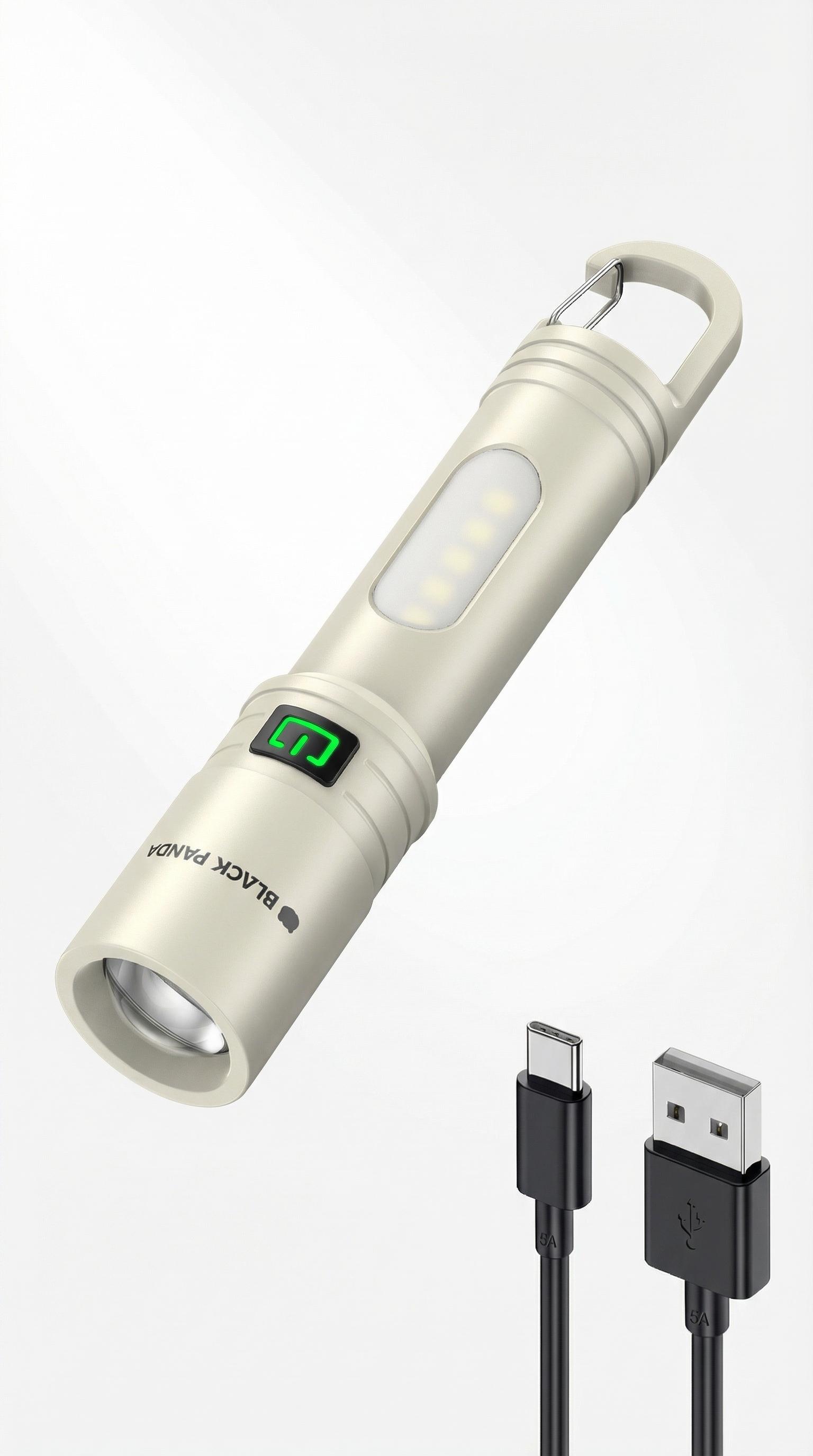 Black Panda Portable Flashlight with Hook Built-in Tail Hanger COB Side Light  Max 500 Lumens TYPE-C Quick Charge Perfect Companion for Hiking and Camping