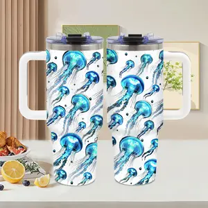 Jellyfish， 40oz tumbler with handle， Summer Ice Stainless Steel Vacuum Insulated Travel Mug， glowing ocean watercolor design， Jellyfish Lover Gift， for beach and travel， Water Bottle， Tumbler Gift for Women and Men， iced coffee cup， Travel Mug