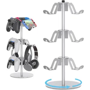 Controller Stand Compatible with Xbox PS5 PS4 Nintendo Switch Pro, 3 Tier Aluminum Gaming Headset Stand, Rotatable Headphone Controller Holder Organizer Rack, Universal & Large Capacity, Silver