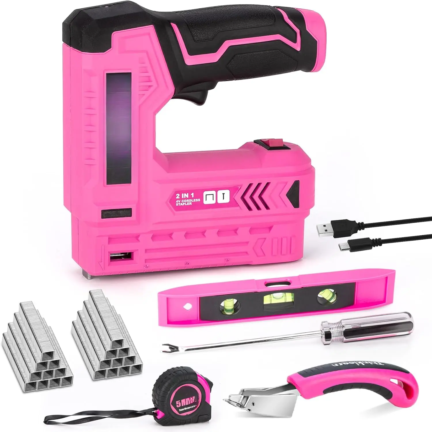 Pink Electric Staple , 7 count 2 in 1 Cordless Stapler   Set with 2500 count Staples Nails, 4V Brad Nailer Tacker for Upholstery, Wood, Carpentry, Crafts, DIY, Brad Nailer Kit with USB Charger