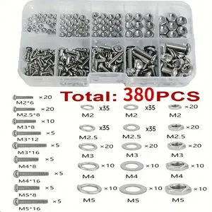 Nut and bolt set, 380 pieces of M2, M2.5, M3, M4, M5 small metric machine screws, stainless steel multi-purpose hardware set, suitable for DIY projects, repairs, and electronics.