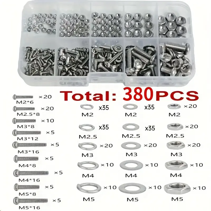 380pcs Metric M2-M5 Stainless Steel Screw Assortment Kit - Assorted Nuts and Bolts, Small Machine Screws, Multi-Purpose Hardware for DIY Projects, Repairs