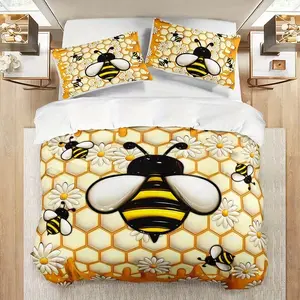 3pcs Cartoon Bee Daisy Honeycomb Quilt Set (1 Quilt + 1-2 Pillowcases Without Pillows), Cute Animal Design Bedding, Soft & Cozy, Bedroom Bedding Set