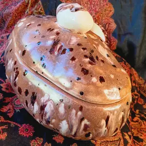 1970 Vintage Signed Spirited Cermanic Hand Painted Potato Serving Lid & Spoon Bowl