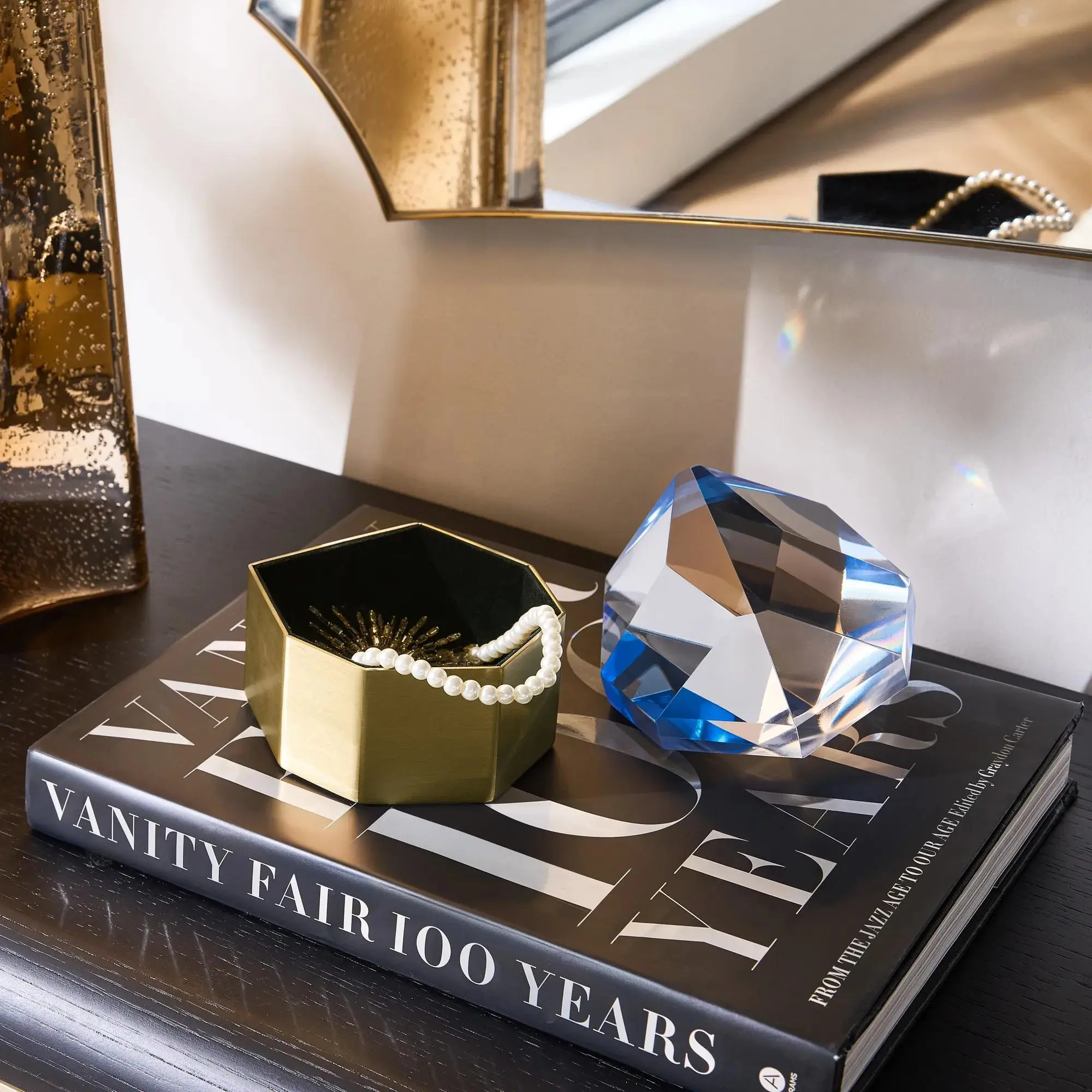 Z Gallerie Modern Blue Velvet Decorative Oversized Gem Jewel Box with Lid - 5.25"w x 5.25"d x 5"h Glass Organiser, Polished Gold Metal Accents, Weighty Light-Up Vanity Storage, Ideal Room Accessories Gift