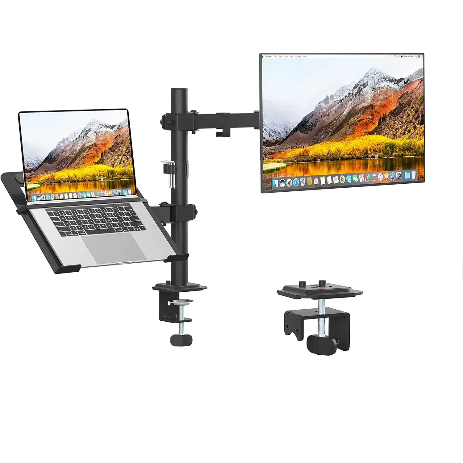 Dual Screen Monitor & Laptop Mount with Vented Tray - Universal Fit, Full Motion Office Desk Height Adjust Stand, Detachable Plate, Holds 13"-27" Monitors & 17" Notebooks, Max Load 17.6lbs
