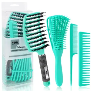 4pcs Curly Hair Brush Set for Adult & Kids Wet or Dry, Detangling & Wide Tooth Comb with Hair Detangler (4, Green)