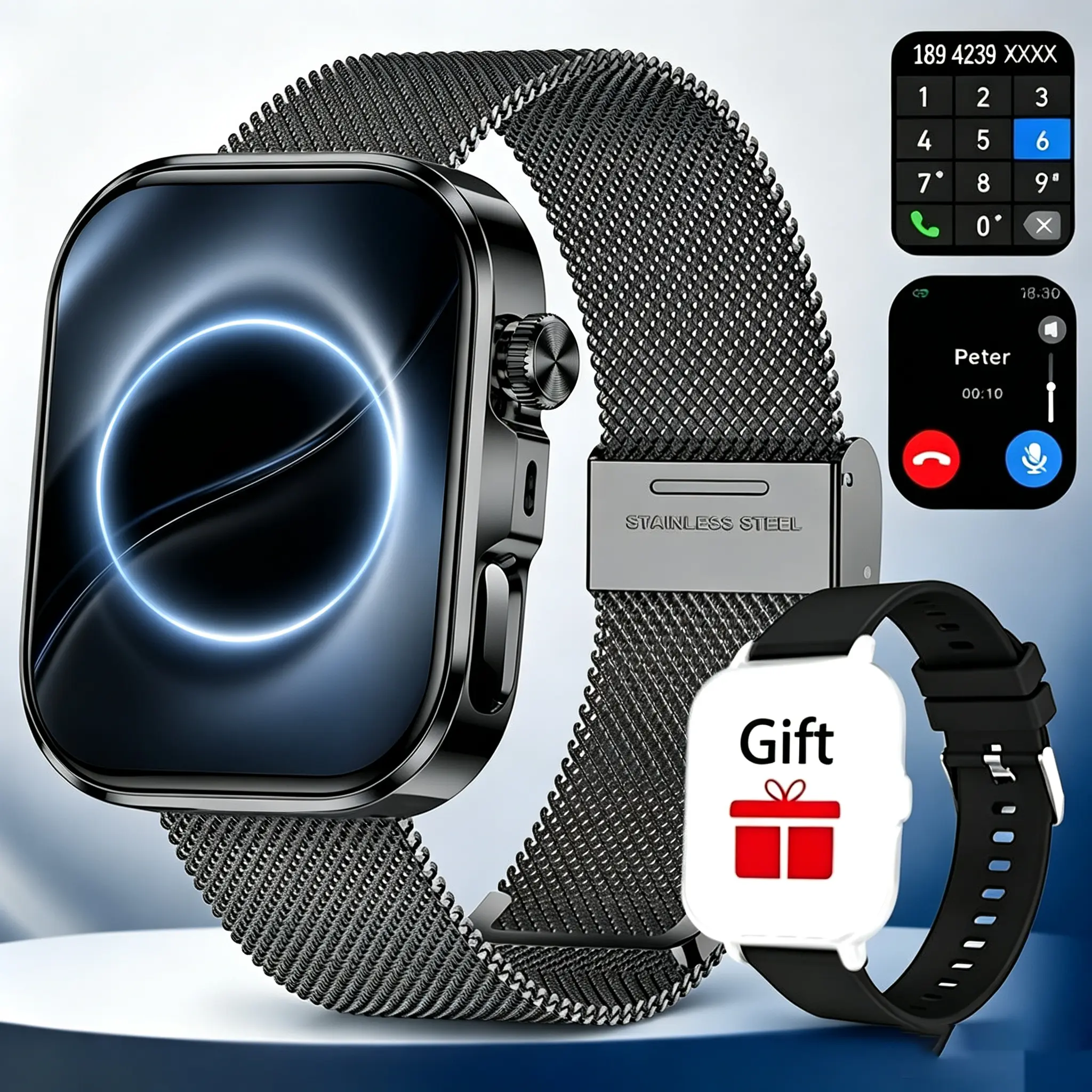 2.01-inch HD Full Touch Screen Wearable Smartwatch with Steel Strap, Call Making/Answering, Magnetic Charging, Message Reminder, LED Flashlight, 240P Resolution, Compatible with Android & iPhone, Valentine's Day Gift