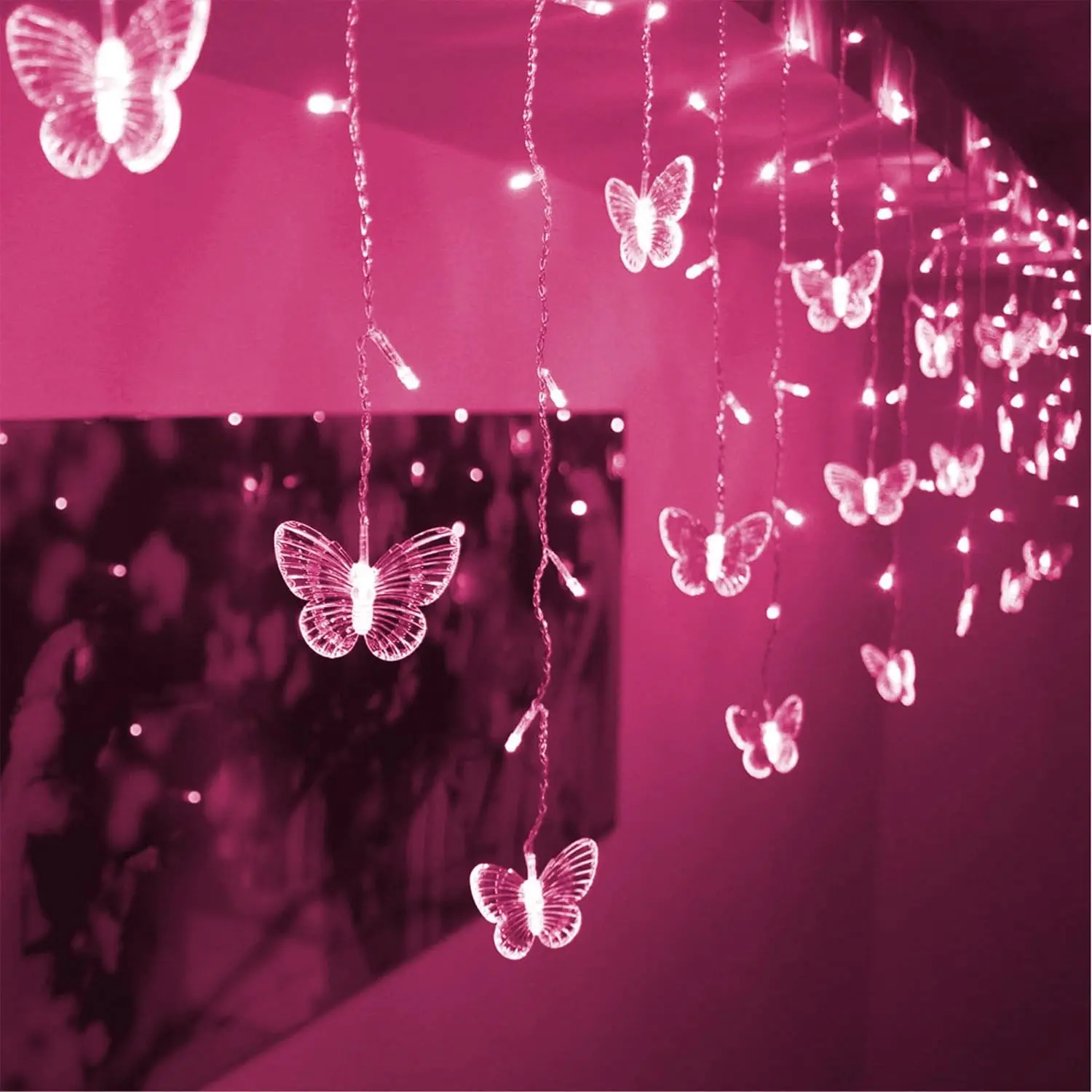 Butterfly Curtain Lights, 4.9ft 48 LED USB Window Fairy Lights 10 Butterflies 8 Modes Firefly Twinkle String Lights for Room Bedroom Wall Ceiling Party Wedding Christmas (Pink)