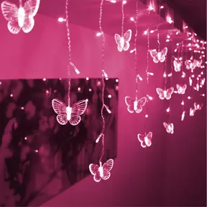 Butterfly Curtain Lights, 4.9ft 48 LED USB Window Fairy Lights 10 Butterflies 8 Modes Firefly Twinkle String Lights for Room Bedroom Wall Ceiling Party Wedding Christmas (Pink)