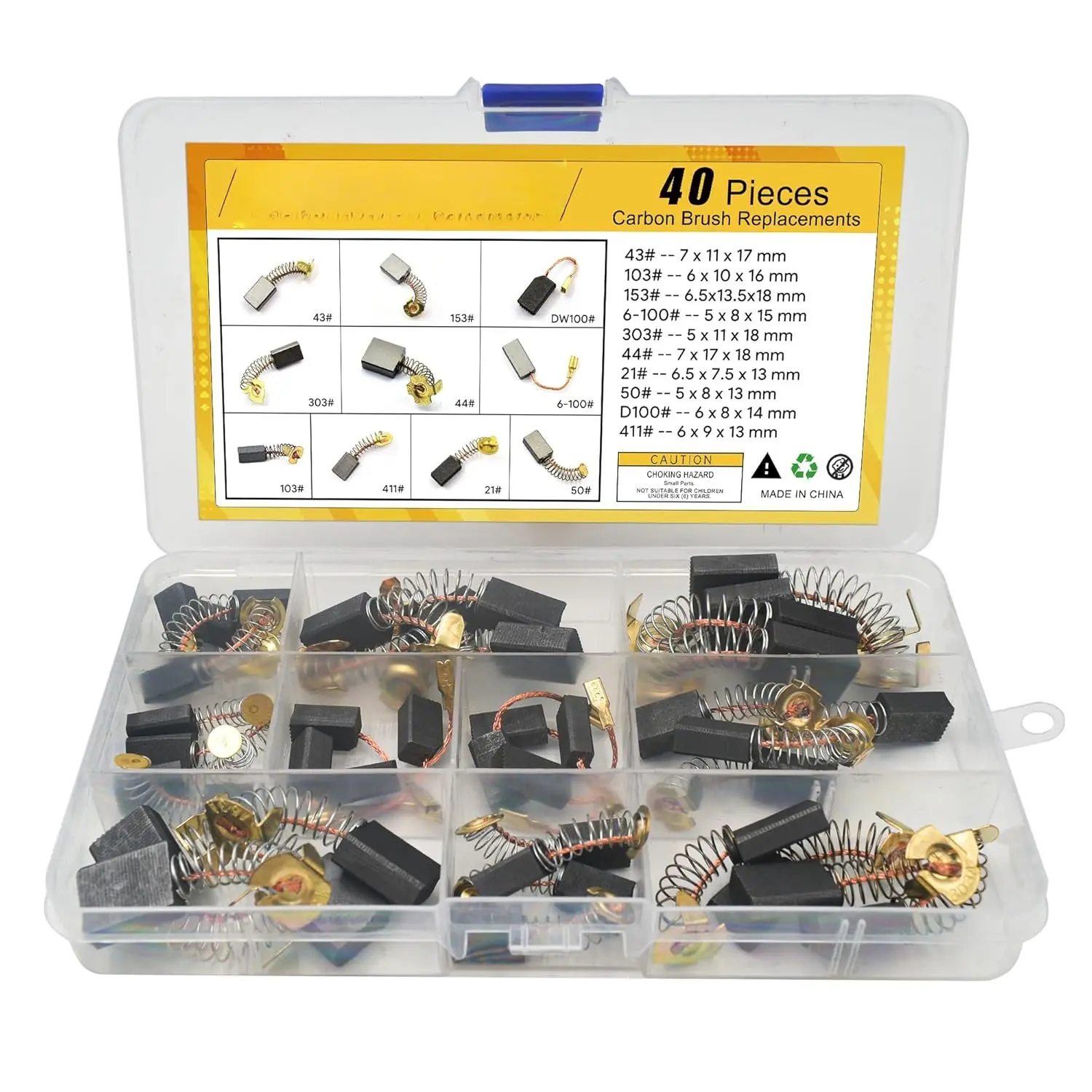 Electric  Carbon Brushes for Power Tools Repair Maintenance, Set of 40 count in 10 Different Sizes for Angle Grinders, Electric Hammer Drills, Circular Saws