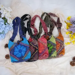 Hand Embroidered Cotton Bags, Cotton Satchel Bag, Flower Design Medium Size Zippered Bag, Eco Bag, Boho Hippie Beach Bags, Sling Festival Purse