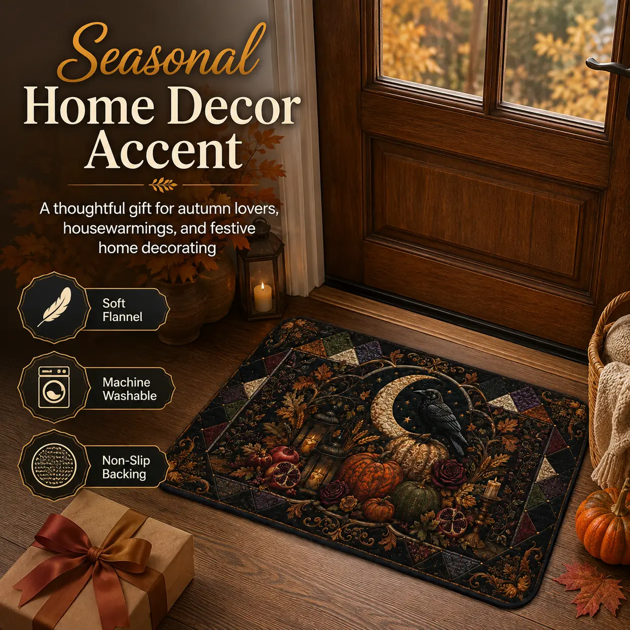 Gothic Raven Crescent Moon Fall Floor Mat, Soft Flannel Non-Slip Washable Doormat, Pumpkin Lantern Autumn Rug, 1cm Cushioned Indoor Mat for Bathroom Kitchen Bedroom Entryway Laundry Room Front Door, Multiple Sizes, Seasonal Home Decor